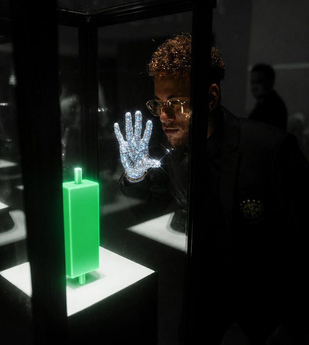 A stylish photo of a man with curly hair and sunglasses examining a sparkling diamond-encrusted hand display and a glowing green rectangular object inside a glass display case.