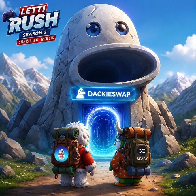 A promotional graphic for 'LETTI RUSH SEASON 2' starting July 6 - 12:00 UTC, featuring cartoon characters with backpacks approaching a stone monument with a 'DACKIESWAP' portal.