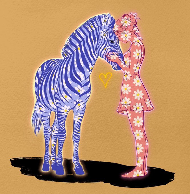An illustration shows a girl in a pink floral dress tenderly touching a blue-striped zebra, with a small yellow heart floating between them. The whimsical scene reflects the "Zebra is waiting to its collector" caption, suggesting the artwork is item 6 of 10 in a collectible NFT series, priced at 30 XTZ.