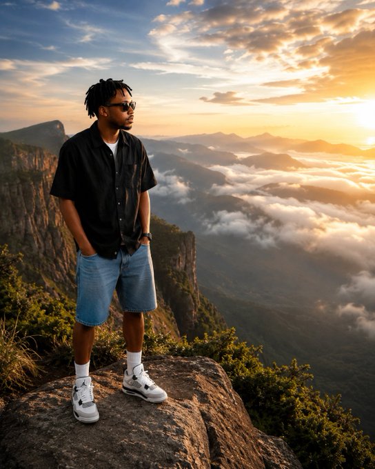 A photograph of a young man wearing a black short-sleeved shirt, denim shorts, and sunglasses, standing on a rocky mountain peak overlooking a vast landscape of clouds and distant mountains during a golden sunset.