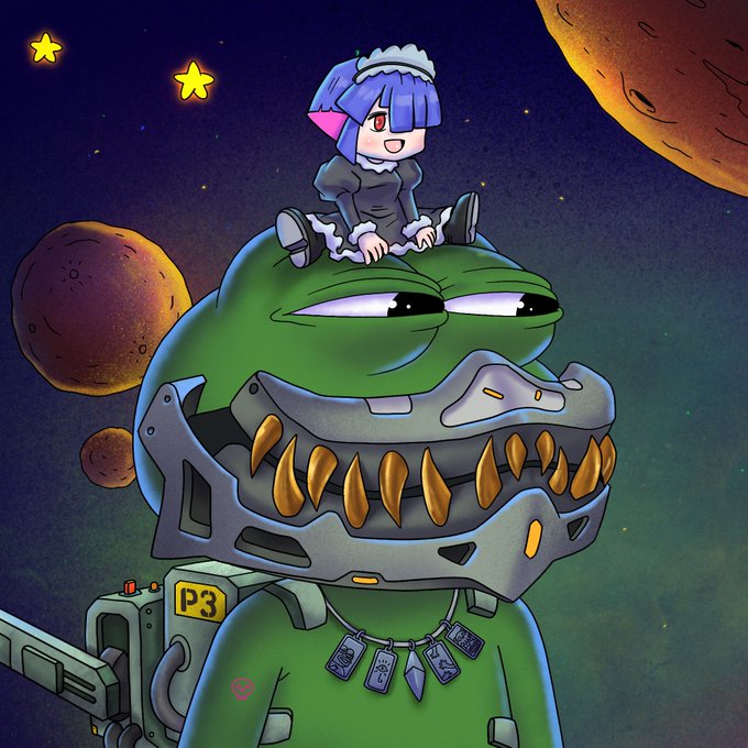 An illustrated scene shows a small blue-haired anime-style character in a maid outfit sitting on top of a large green creature with a metallic jaw and sharp teeth, set against a space backdrop with planets and stars.