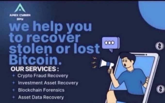 A dark blue advertisement from 'APEX CYBER SPY' offering Bitcoin recovery services including Crypto Fraud Recovery, Investment Asset Recovery, Blockchain Forensics, and Asset Data Recovery.