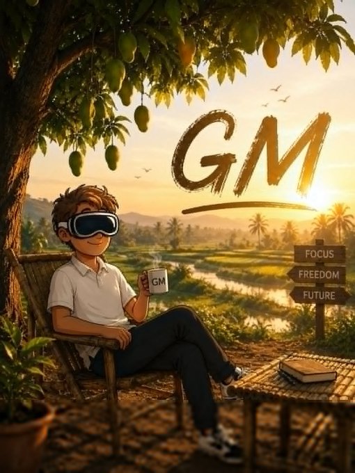 A digital illustration of a young person wearing a VR headset, sitting in a chair under a tree holding a mug labeled 'GM', with a large 'GM' graphic, a signpost reading 'FOCUS / FREEDOM / FUTURE', and a sunset landscape in the background.
