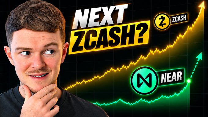 A young man poses thoughtfully next to the bold yellow text "NEXT ZCASH?" alongside ZEC and NEAR cryptocurrency logos, both displayed on upward-trending line graphs, visually comparing the price potential of NEAR Protocol to the recent surge of Zcash as discussed in the accompanying video.