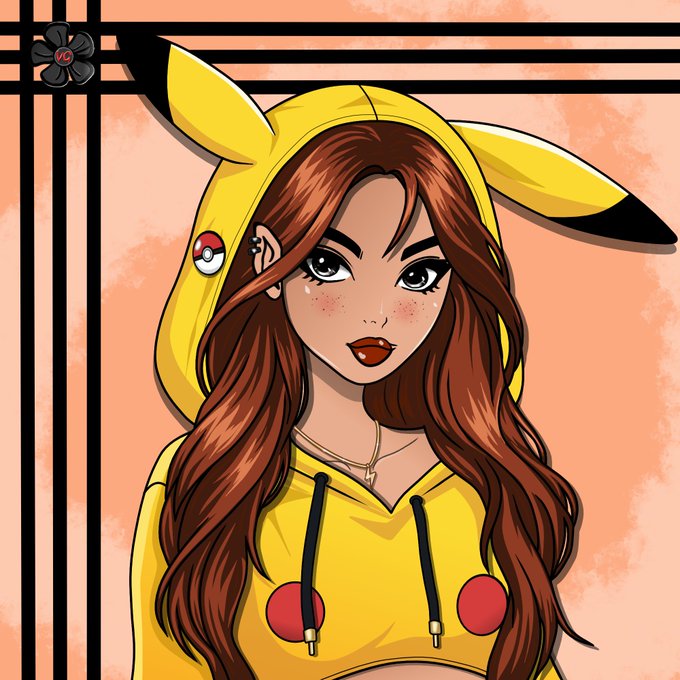 A digital illustration of a young woman with long brown hair wearing a yellow Pikachu-themed hoodie, featuring a Poké Ball pin and red circular accents on the front.