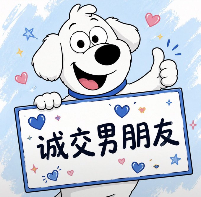 A cheerful cartoon white dog gives a thumbs-up while holding a sign reading "诚交男朋友" (Sincerely seeking a boyfriend), surrounded by hearts and stars against a blue background. The image playfully contrasts with the post's message about hard work, friendship, and trust in a "Blue V" (likely a social media verified) community—shifting the tone from serious grind culture to lighthearted personal romance.