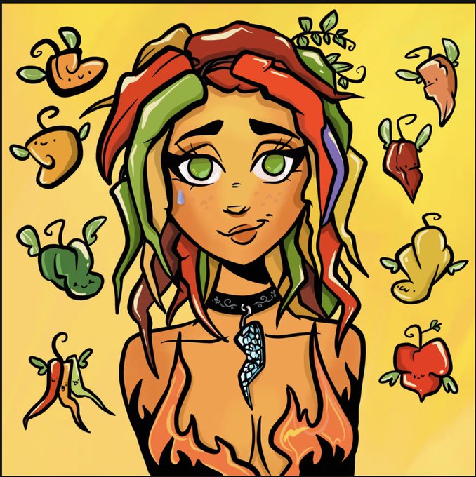 Digital illustration of a girl with rainbow-colored hair (red, green, orange) and green eyes, wearing a crystal necklace, surrounded by cute pepper characters against a yellow background.