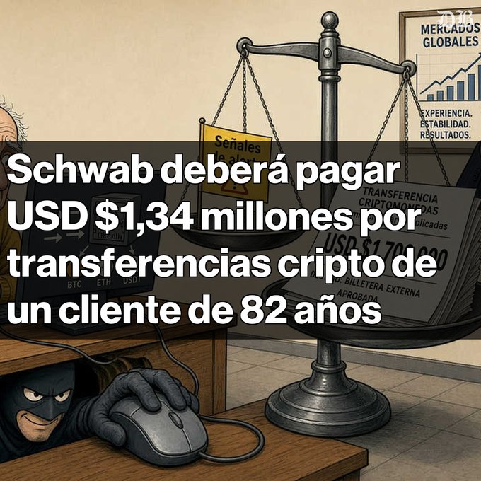An illustration depicting a scale balancing crypto transfers against USD, with a masked figure at a computer and a sign reading 'Señales a plazo', overlaid with the Spanish text 'Schwab deberá pagar USD $1,34 millones por transferencias cripto de un cliente de 82 años'.