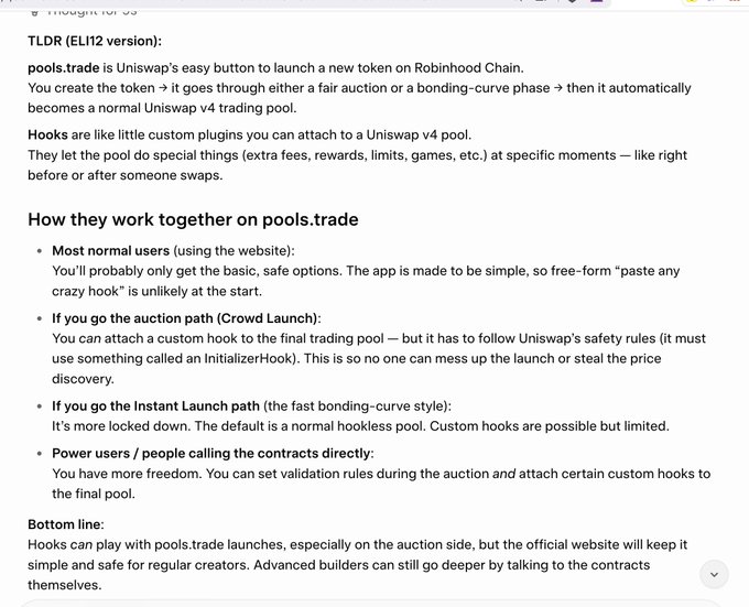 The image displays an explainer titled "TLDR (ELI12 version)" detailing how pools.trade works on Robinhood Chain, describing Uniswap's easy token launch button, hook plugins for custom pool functions, and how auction (Crowd Launch) and Instant Launch paths operate with custom hooks like the InitializerHook. The text supports the accompanying post by illustrating pools.trade's potential to capture Uniswap's meme token userbase through its simplified, hook-enabled launchpad system.