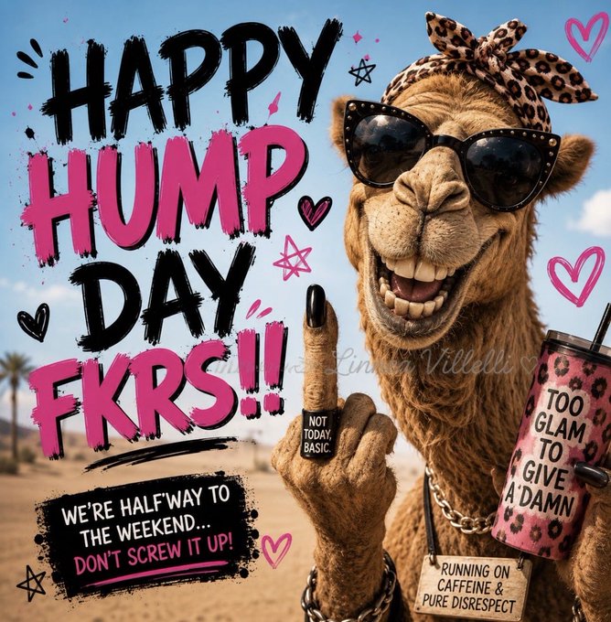A sassy, glam camel wearing sunglasses, a leopard-print headscarf, and a "Too Glam to Give a Damn" tumbler flips the bird while showing off a "Not Today, Basic" manicure, paired with bold pink and black "Happy Hump Day FKRS!!" graphics, a "We're Halfway to the Weekend... Don't Screw It Up!" banner, and a "Running on Caffeine & Pure Disrespect" tag. The image's fierce, over-the-top attitude and "halfway to the weekend" message perfectly match the cheerful "Happy Hump Dayyyy, it's going to be a fabulous one" vibe of the post.