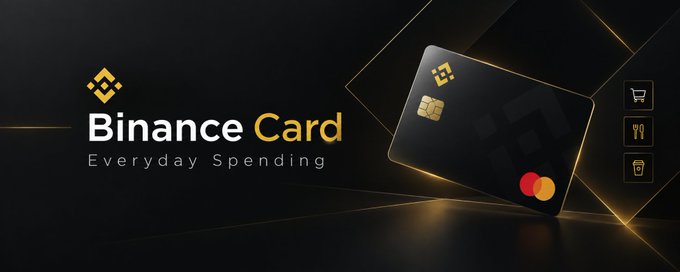 The image shows a sleek black Binance Card with the tagline "Binance Card – Everyday Spending," accompanied by icons for shopping, dining, and coffee. It visually reinforces the post's message about using crypto for routine purchases like online orders, meals, and daily transactions.