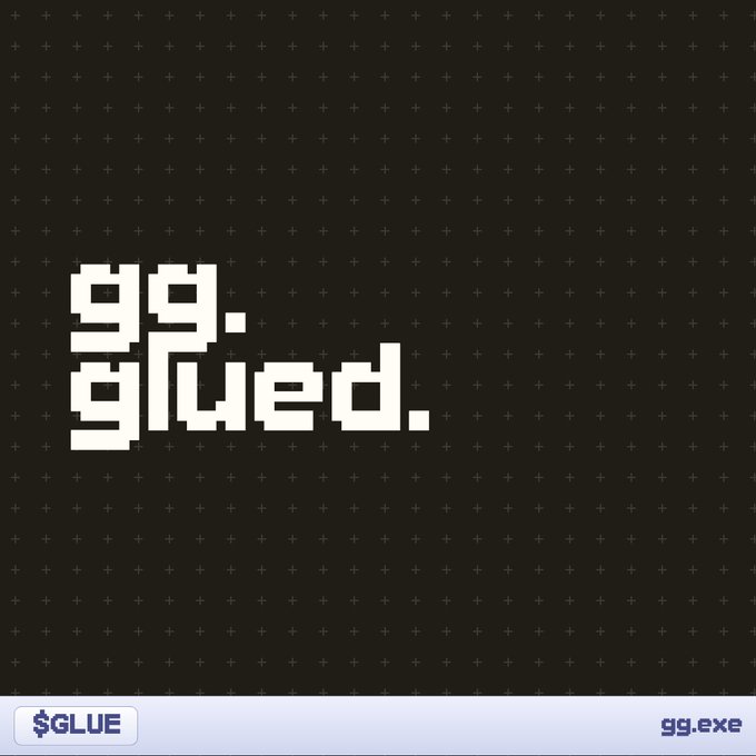 Pixel art logo reading "gg.glued." in a chunky retro font on a black grid background, with "$GLUE" and "gg.exe" tags in the bottom bar, tying into the announced wallet connect update and $GLUE voting system.