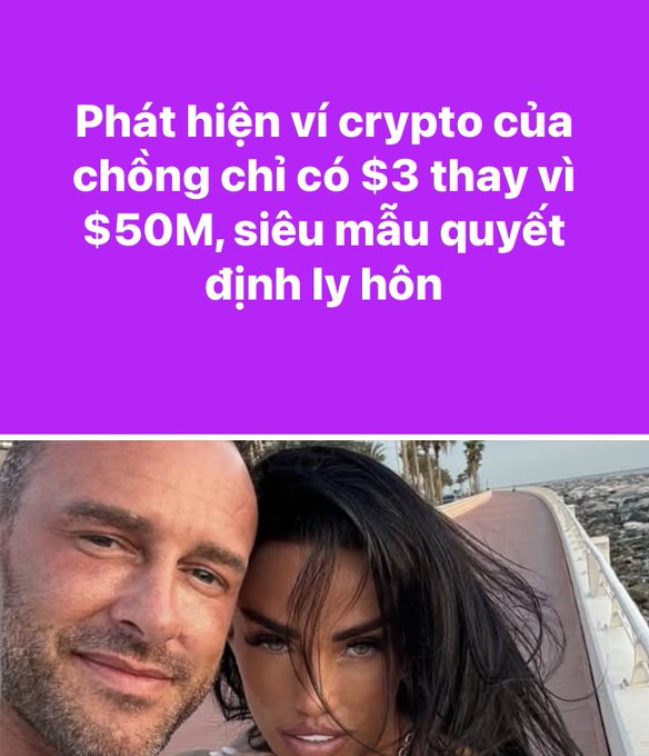 A purple graphic featuring Vietnamese text about discovering a spouse's crypto wallet with only $3 instead of $50M, with a photo of a couple below.