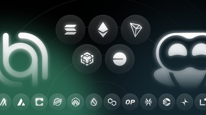 A dark background features cryptocurrency logos including Ethereum and Tron in circular icons, with a row of smaller token symbols below, alongside large stylized logo elements on either side.