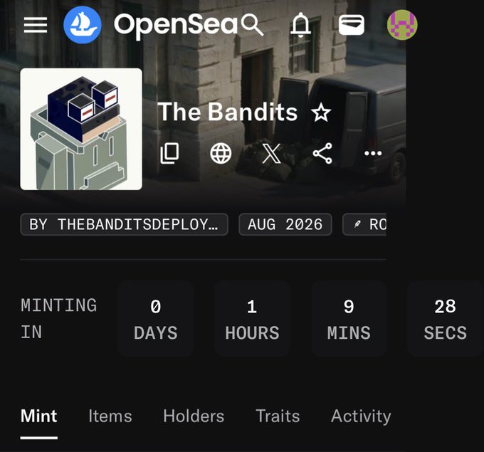 An OpenSea NFT collection page for 'The Bandits' by THEBANDITSDEPLOY..., with a minting countdown timer showing 0 days, 1 hour, 9 minutes, 28 seconds.