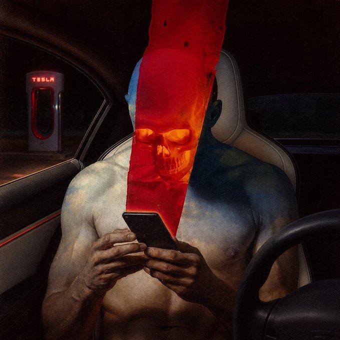A surreal digital artwork depicting a shirtless figure in a car seat, with a glowing orange skull superimposed over their face, holding a black phone, set against a dark background with a Tesla Supercharger visible outside.