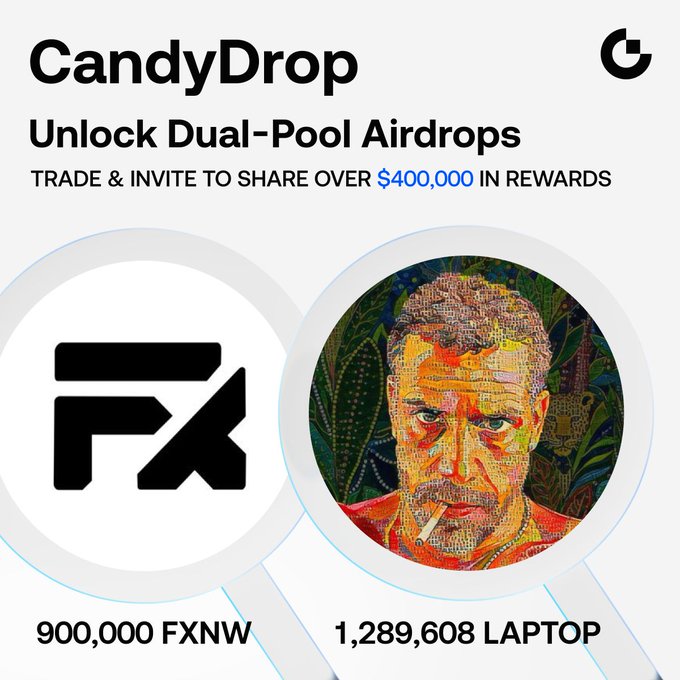 Gate.io's CandyDrop Dual-Pool Airdrop promotion is now live, offering over $400,000 in total rewards split between two pools of 900,000 FXNW and 1,289,608 LAPTOP tokens. The image highlights the FXNW logo alongside an artistic portrait to promote the trading and referral-based rewards program.