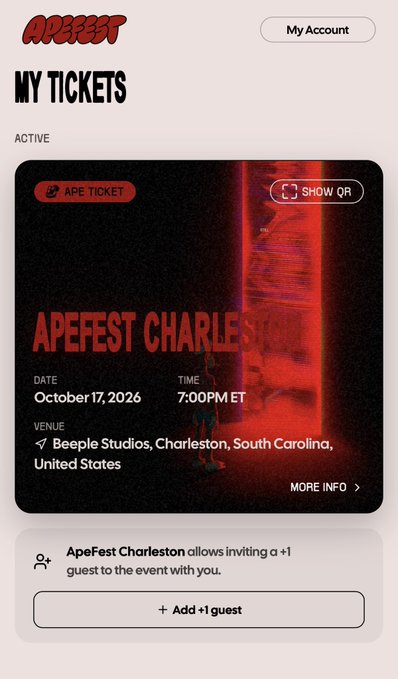 An 'APEFEST' app interface showing an active ticket for 'APEFEST CHARLESTON' on October 17, 2026, at Beeple Studios in Charleston, South Carolina, with an option to add a guest.