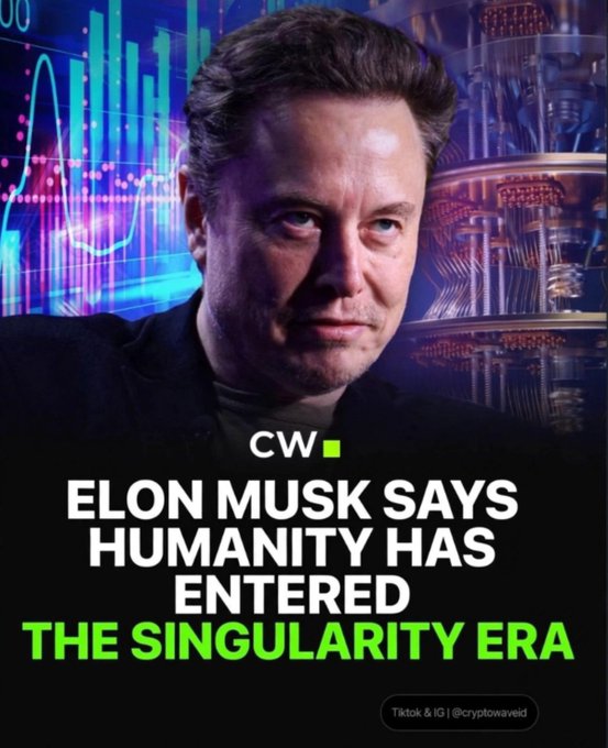 A graphic features Elon Musk against a blue background with data charts and a quantum computer, with text reading 'ELON MUSK SAYS HUMANITY HAS ENTERED THE SINGULARITY ERA' and the handle '@cryptowaveid'.