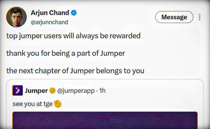 A Twitter post by Arjun Chand (@arjunnchand) thanking top Jumper users, quote-tweeting a post by @jumperapp that says 'see you at tge'.