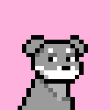 A pixel art illustration of a gray raccoon or red panda character with dark eye patches and a white muzzle, set against a solid pink background.