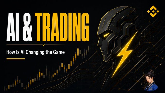 A banner graphic titled 'AI & TRADING: How Is AI Changing the Game,' featuring a dark robotic face with yellow glowing eyes, a trading chart, and a Binance logo.
