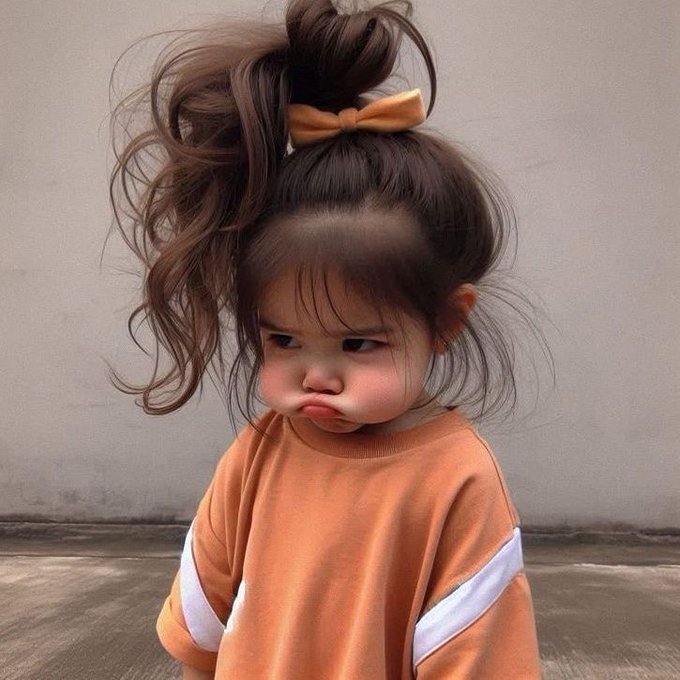 A young girl with a high ponytail tied with a brown bow, wearing an orange sweatshirt, making a pouting/grumpy facial expression.