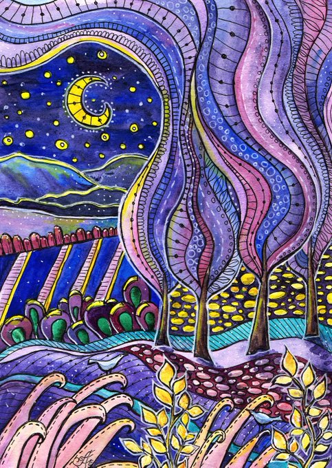 A vibrant, stylized illustration of a night landscape with swirling patterned trees, a crescent moon, stars, and colorful flowers.