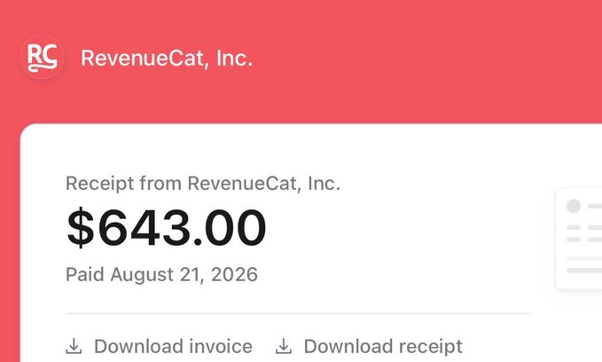 A receipt from RevenueCat, Inc. showing a payment of $643.00 paid on August 21, 2026, illustrating the user's complaint about the high cost of RC's subscription compared to Codex Pro 20x.