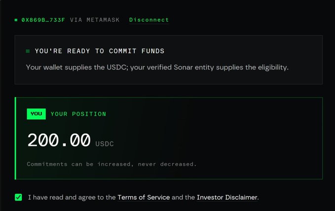 A cryptocurrency interface displays a MetaMask wallet connection, showing 'YOU'RE READY TO COMMIT FUNDS' with a position of '200.00 USDC' and an agreement checkbox for the Terms of Service and Investor Disclaimer.