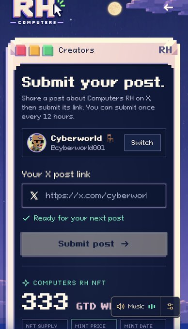 A pixel-art style 'Computers RH' submission page interface showing 'Submit your post' prompt, a user profile 'Cyberworld' (#cyberworld001), and an X post link input field, along with NFT details at the bottom.