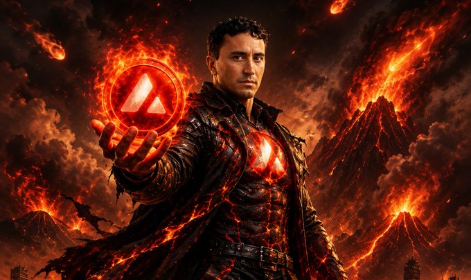 The image features an animated man dressed as a superhero with a red suit and a shield, holding a red circle or shield above his head. The background of the image shows a fiery scene with mountains and lava flowing down their sides. The caption at the bottom of the image reads "@avax officially support @HotEminSummer !" which suggests that the post is related to Avax's superhero character, HotEminSummer.