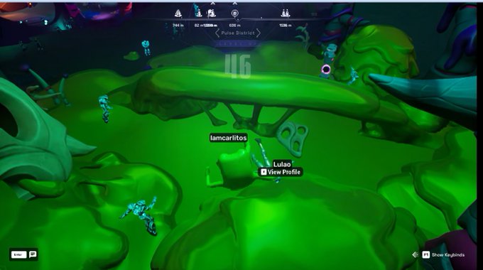 A screenshot from Otherside Meta shows the player's Fwog creature at level 46 in the "Pulse District," with the usernames "Iamcarlitos" and "Lucas" displayed alongside other glowing creatures in the green-tinted alien landscape. The image directly corresponds to the post celebrating the Fwog reaching level 46 in the game.