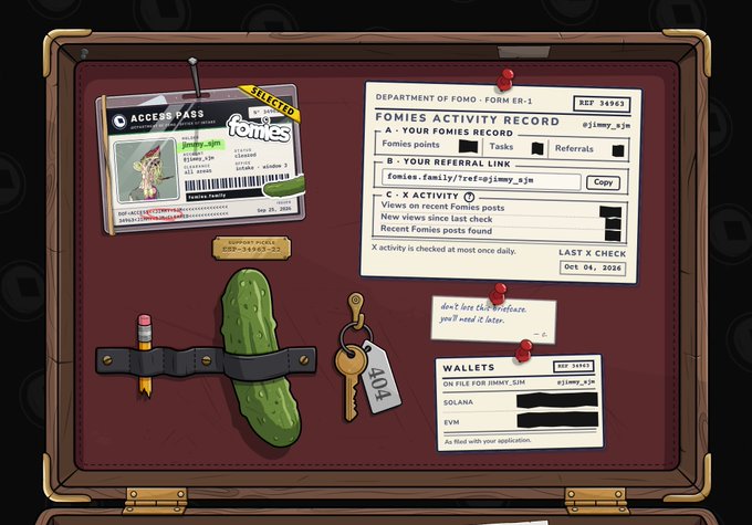 An illustrated corkboard-style graphic displays various documents including an 'ACCESS PASS' ID card for 'FOMIES', a 'FOMIES ACTIVITY RECORD' for user 'jimmy_ajm' with stats and referral links, and a 'WALLETS' section listing Solana and EVM addresses.