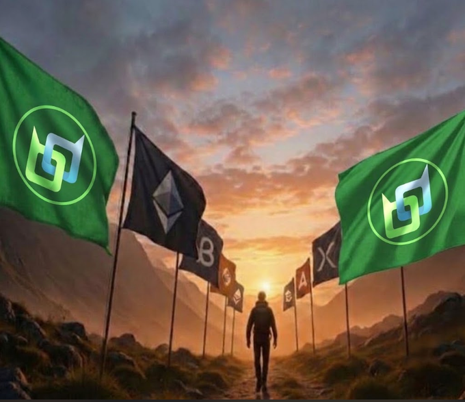 A lone figure walks toward a sunset between rows of flags bearing crypto logos (including ETH, BTC, AX, A, and a prominent green $G token), symbolizing the journey through Web3 into a privacy-focused future. The image visually reinforces the post's message about embracing privacy as the new standard in decentralized applications.