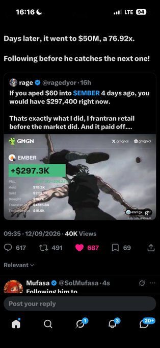 A Twitter/X post by @ragedyor discussing a $60 investment in $EMBER turning into $297,400 (a 76.92x return), with 617 replies, 491 reposts, and 687 likes.