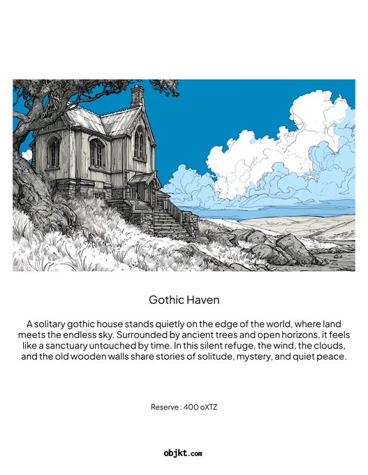 An illustrated artwork titled 'Gothic Haven' from objkt.com shows a detailed black-and-white pen drawing of a gothic house on a cliff beside the sea, with a Reserve price of 400 oXTZ.