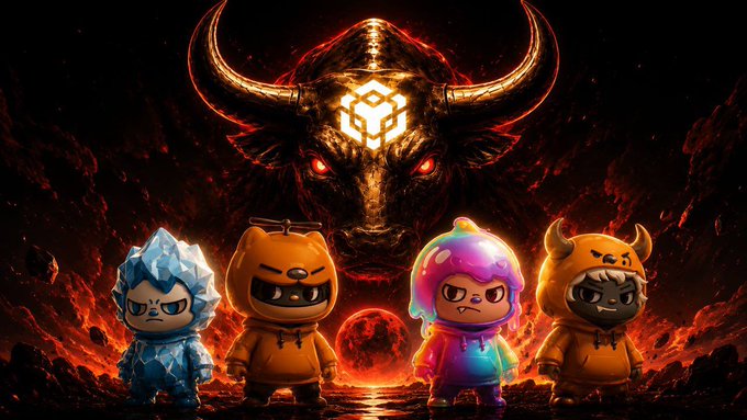 Four chibi-style characters in colorful hooded costumes (blue ice, orange bear, rainbow, and orange bull) standing in front of a demonic bull emblem and a red moon.