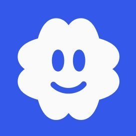 Simple white cloud-shaped smiley face icon with oval eyes and a curved smile on a solid blue background.
