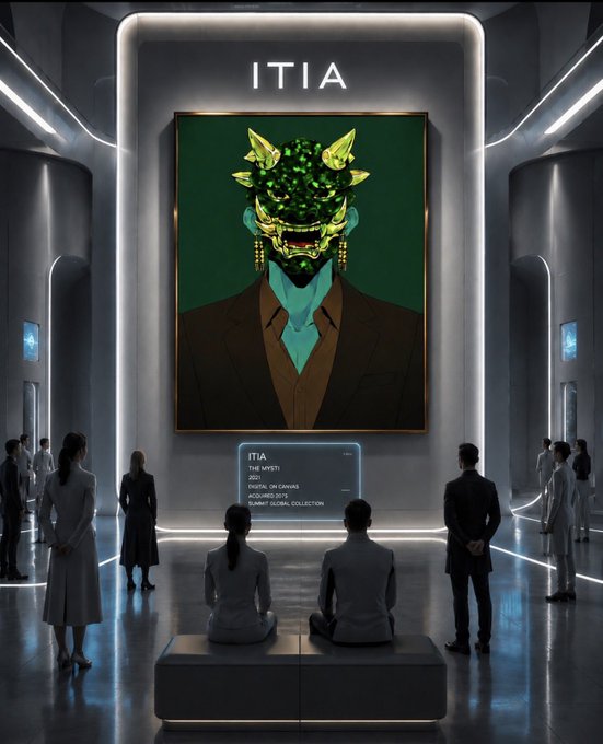 A futuristic gallery scene where visitors admire a large portrait labeled "ITIA" depicting a stylized figure with an ornate green mask, accompanied by an informational plaque listing details like "DIGITAL," "ON CANVAS," "ACQUIRED 2019," and "SUMIT KUMAR COLLECTION." The image evokes the NFT artwork and collector culture referenced in the post, which calls for more thought-provoking digital art legends that spark deeper conversation beyond market hype.