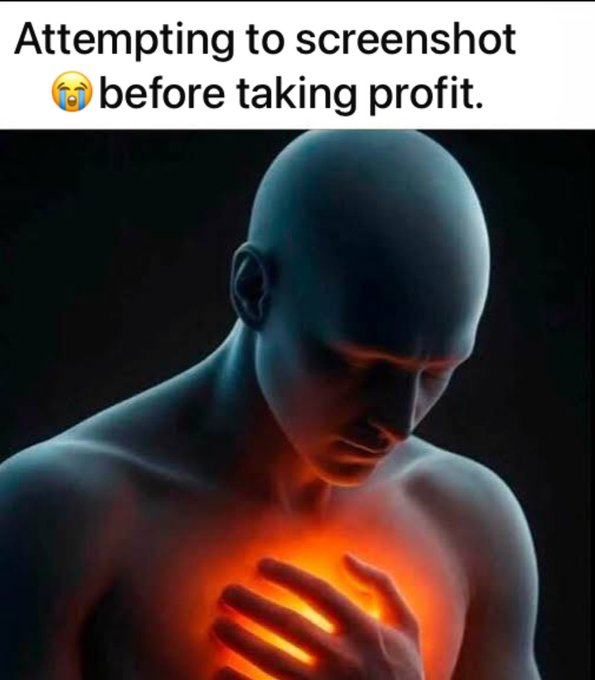 A meme image showing a 3D-rendered, bald humanoid figure clutching a glowing orange chest, with the text 'Attempting to screenshot 😭 before taking profit.'