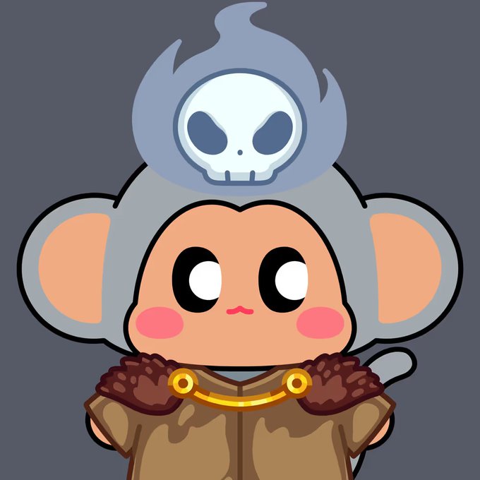 A cute cartoon illustration of a monkey character wearing a brown tunic with a flaming skull emblem floating above its head, set against a gray background.