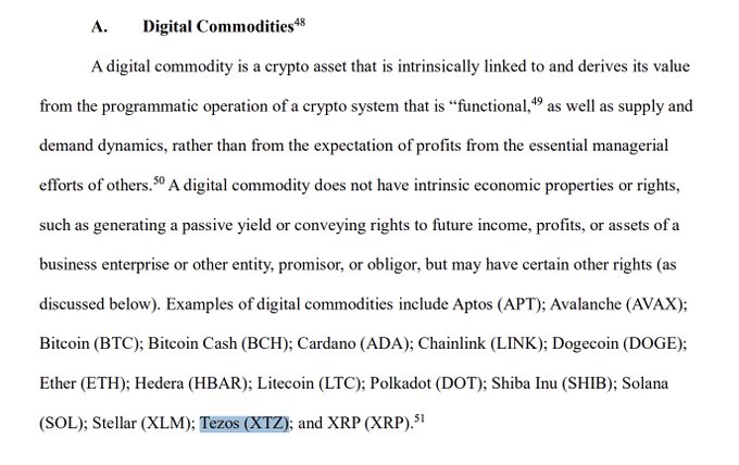 The image shows an SEC document excerpt defining "Digital Commodities" as crypto assets linked to functional crypto systems rather than managerial efforts. It lists examples including Aptos (APT), Bitcoin (BTC), Ether (ETH), Solana (SOL), and notably Tezos (XTZ)—highlighted with a teal underline—which is referenced in the accompanying post.