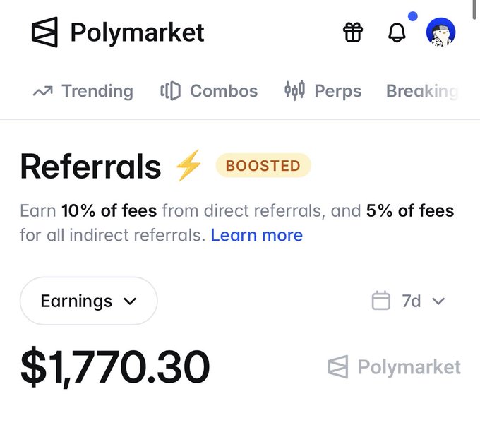 A screenshot of the Polymarket Referrals page showing a 7-day earnings total of $1,770.30, noting that users earn 10% of fees from direct referrals and 5% for indirect referrals.