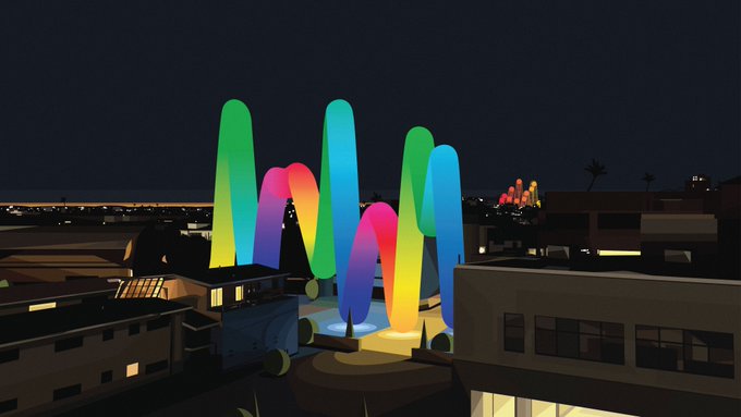 A nighttime architectural rendering displays tall, colorful illuminated inflatable-like structures in green, pink, blue, and yellow hues standing among modern buildings.