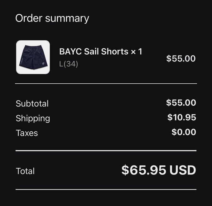 Order summary showing a purchase of 'BAYC Sail Shorts' (size L/34) for $55.00, with $10.95 shipping and a total of $65.95 USD.