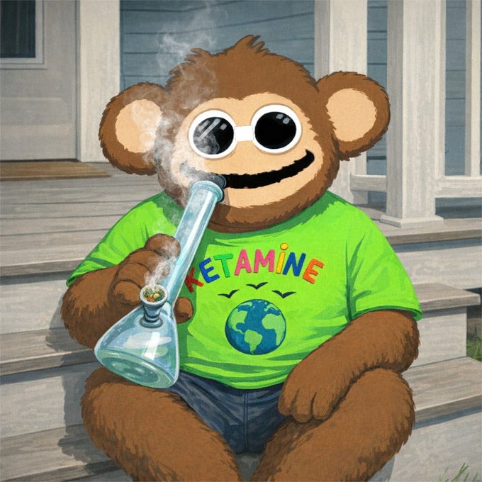 An AI-generated illustration of a brown teddy bear wearing sunglasses and a green shirt labeled 'KETAMINE', smoking from a glass pipe while sitting on wooden steps.
