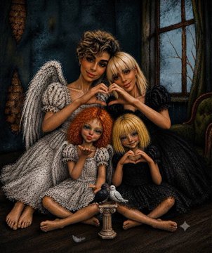 A family of four angels—one woman and three girls—pose together forming a heart with their hands, their wings of white and black feathers symbolizing unity and love, fitting the post's theme of collaboration and gratitude toward 10 named supporters of the sold art piece priced at 4.50 $.