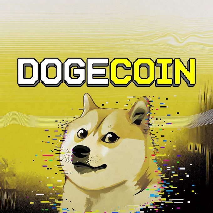 A vibrant digital illustration featuring the Dogecoin Shiba Inu dog mascot beneath a pixelated 'DOGECOIN' logo, set against a yellow background with glitch-art effects.