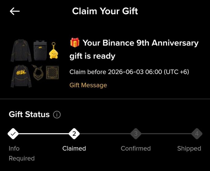 The image displays a conversation between a customer and an employee of an online store. The customer has received a gift for their Binance account's 9th anniversary, which features various clothing items like jackets and shirts. They are checking the details of the gift they have received. The store seems to be delighted with the customer's response, as they are sharing this experience with others who might be interested in similar presents.